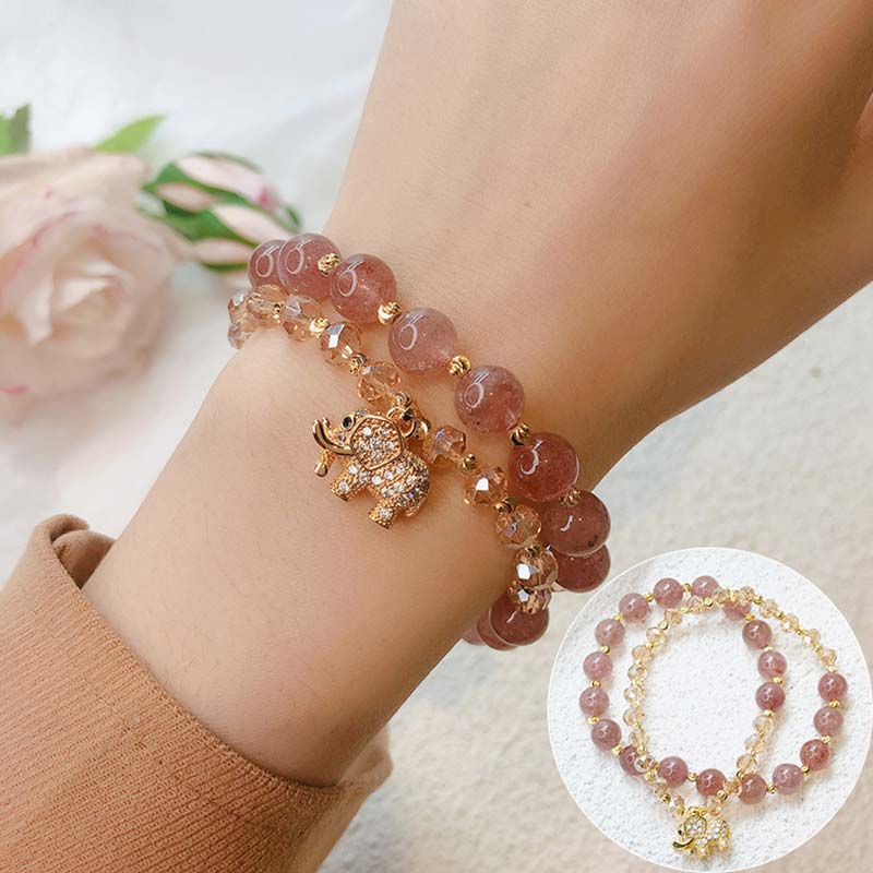 Pulsera con dijes de energía curativa de elefante de cuarzo rosa con Buddha Stones