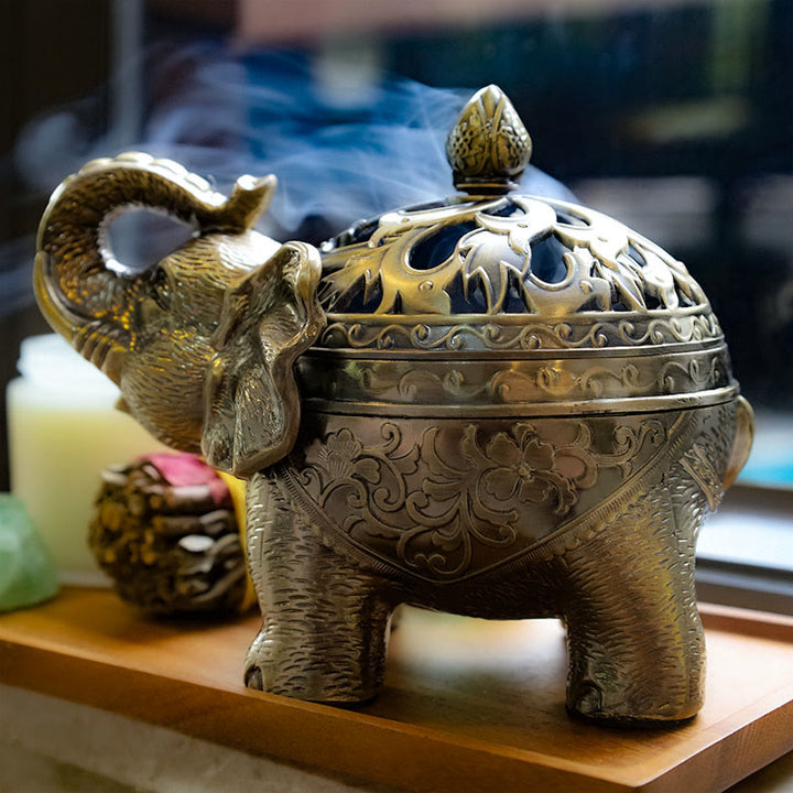 Quemador de incienso de aleación de elefante con Buddha Stones, decoración del hogar