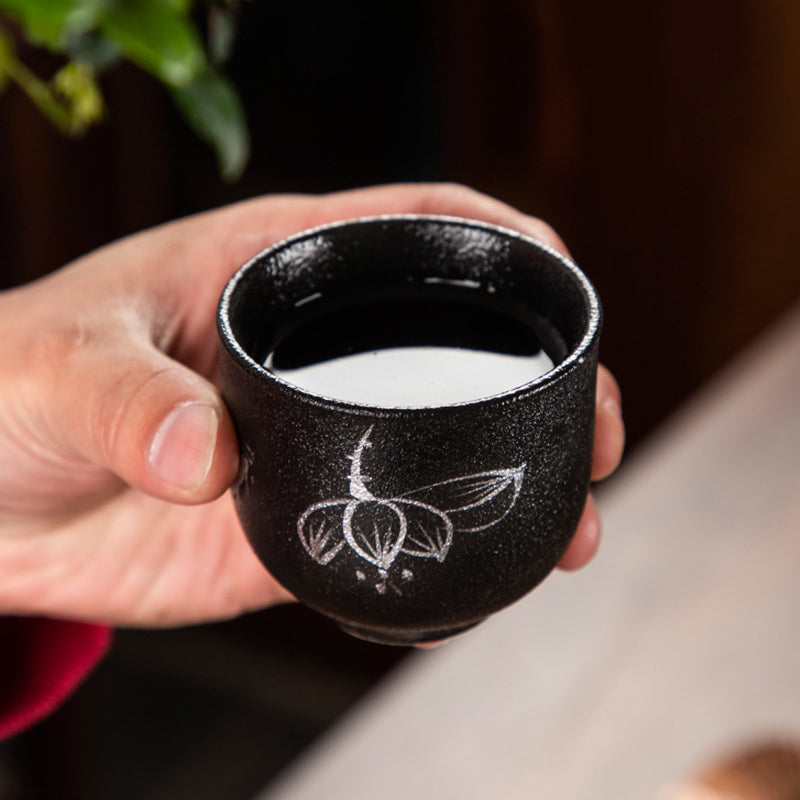Buddha Stones, flor de loto pintada a mano, crisantemo de bambú, cerámica negra, taza de té de cerámica, taza de té de Kung Fu 95ml