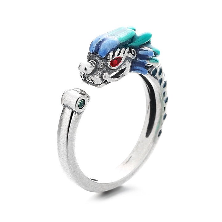 Anillo de metal ajustable con protección de la suerte del Año del Dragón de plata de ley 925 con Buddha Stones