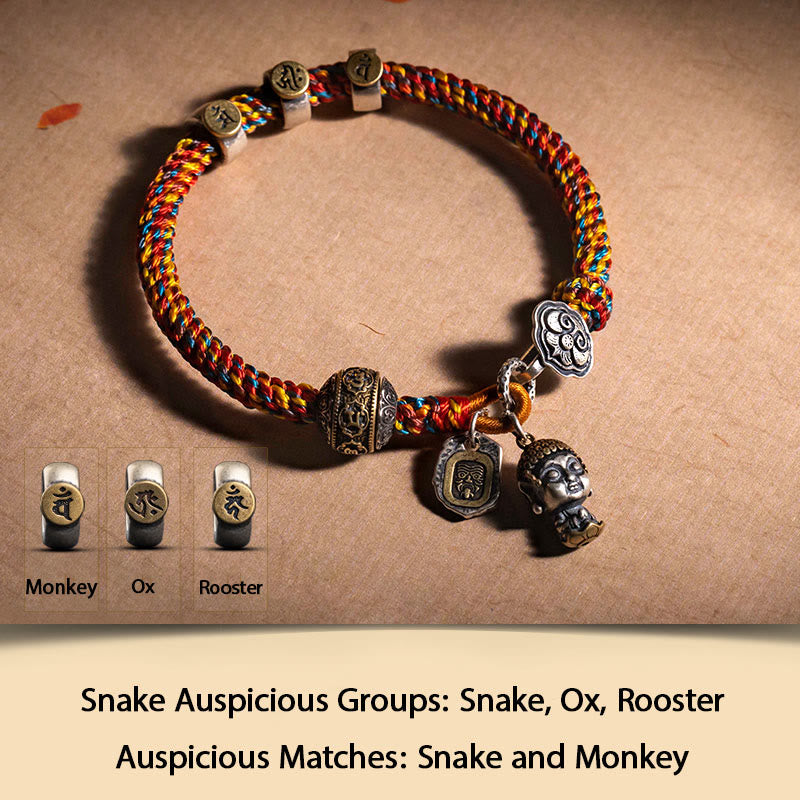 Buddha Stones hechas a mano tibetana de plata de ley 925, zodíaco chino, Buda natal Zakiram, diosa de la protección de la riqueza, pulsera trenzada de cuerda multicolor