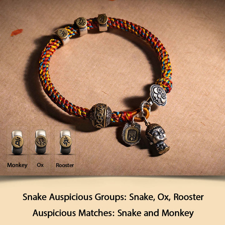 Buddha Stones hechas a mano tibetana de plata de ley 925, zodíaco chino, Buda natal Zakiram, diosa de la protección de la riqueza, pulsera trenzada de cuerda multicolor