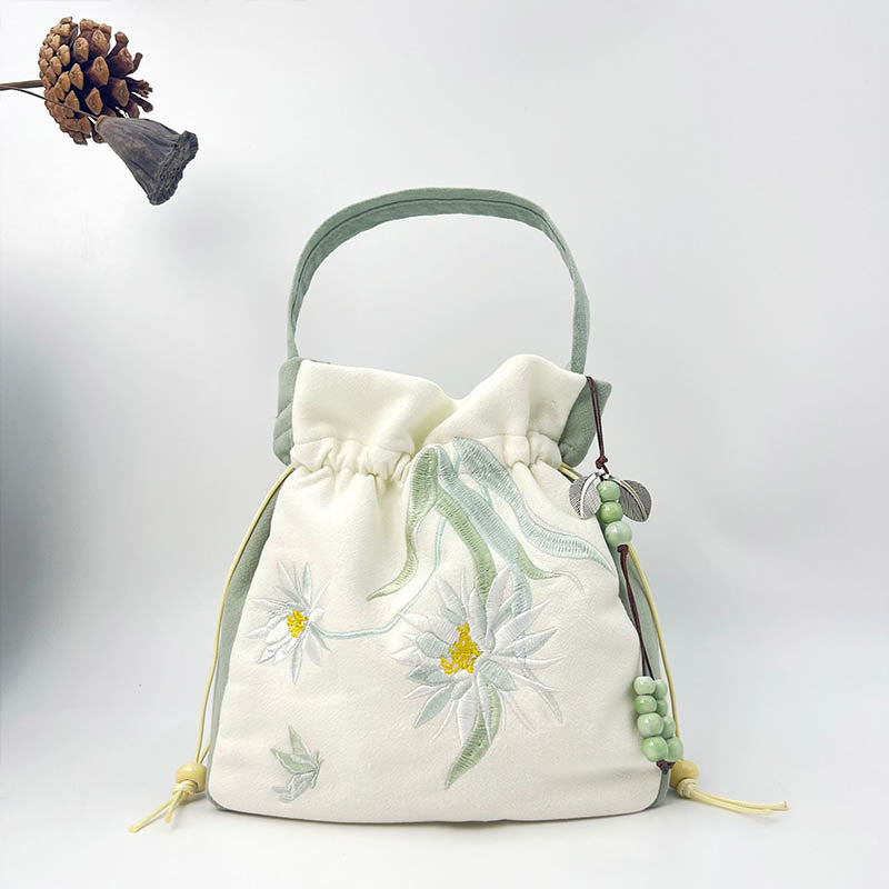 Bolso bandolera con Buddha Stones, bordado, mariposa, loto, magnolia, algodón y lino