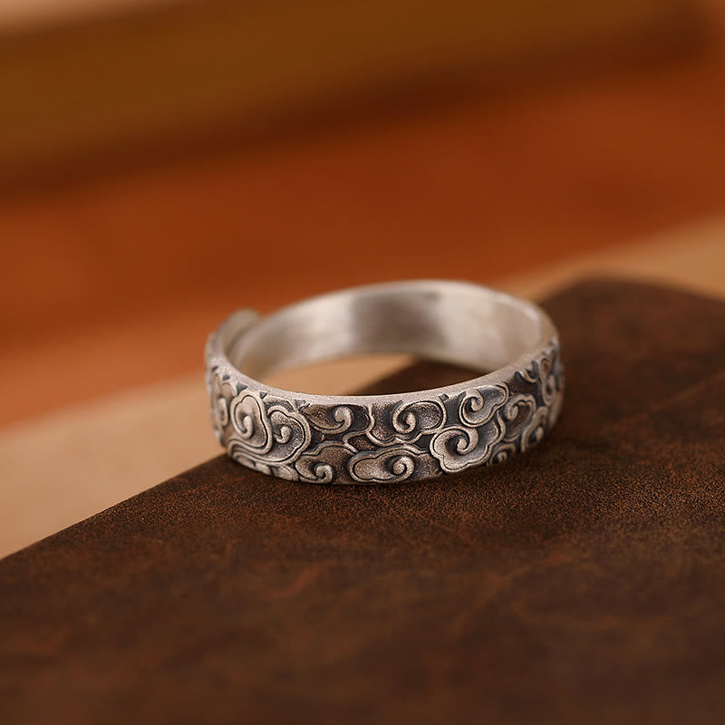 Anillo de iluminación grabado con Buddha Stones de plata de ley 999, flor de loto, flor de ciruelo, nubes auspiciosas