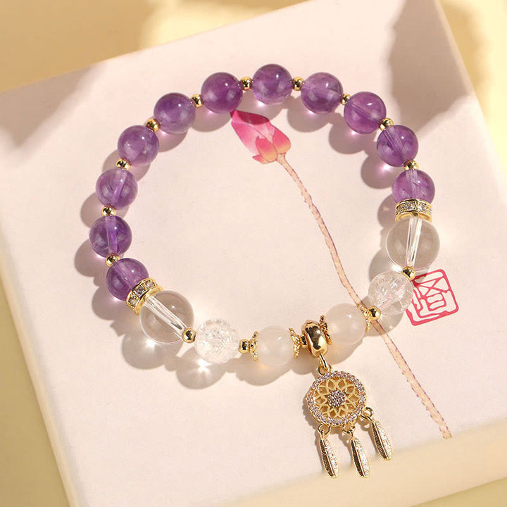 Pulsera curativa de atrapasueños de cristal de amatista, cuarzo, fresa verde, Buddha Stones