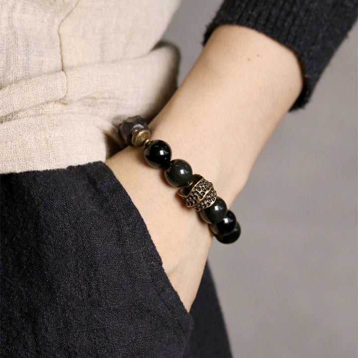 Pulsera de pareja de fuerza de cobre de madera de ébano de obsidiana negra con Buddha Stones