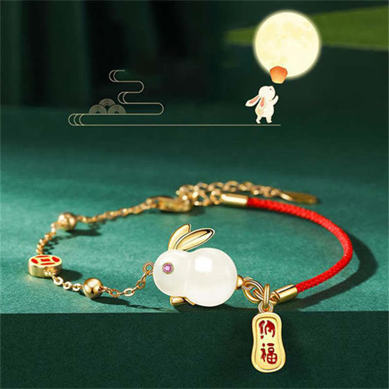 Buddha Stones Año del Conejo Jade Blanco Felicidad Pulsera de Cadena de Hilo Rojo