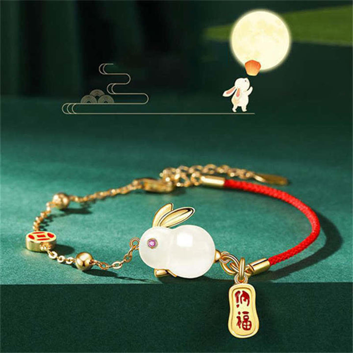 Buddha Stones Año del Conejo Jade Blanco Felicidad Pulsera de Cadena de Hilo Rojo