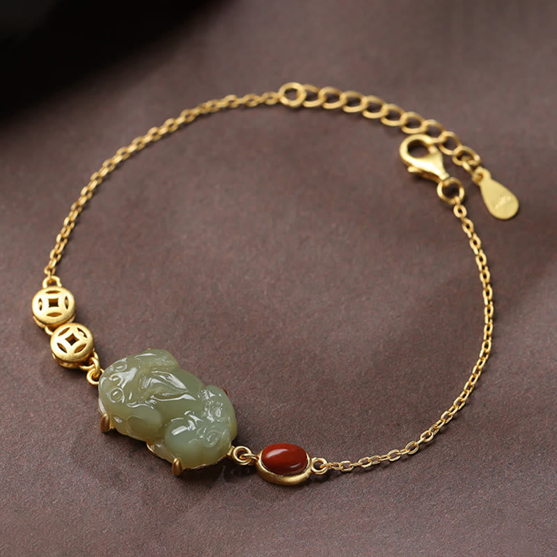 Pulsera de cadena de éxito de ágata roja con moneda de cobre PiXiu de jade cian