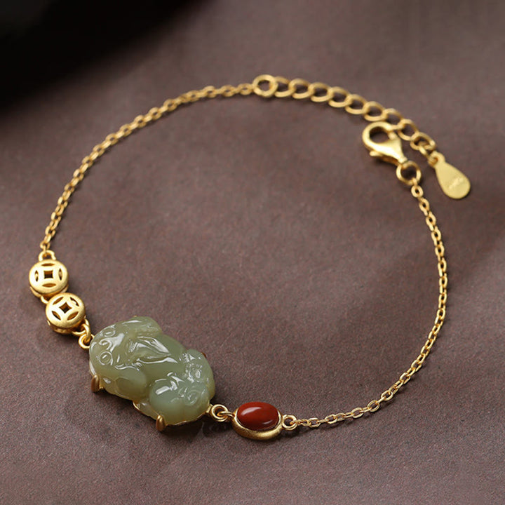 Pulsera de cadena de éxito de ágata roja con moneda de cobre PiXiu de jade cian