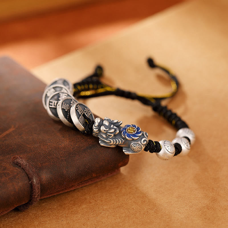 Pulsera trenzada de plata de ley 999 con Buddha Stones FengShui PiXiu, moneda de cobre, personaje Fu, riqueza