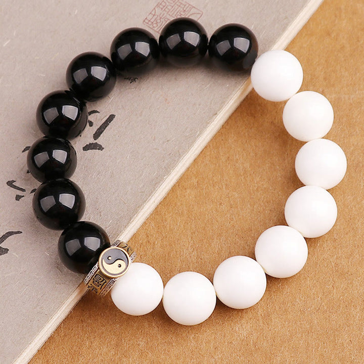 Pulsera de fuerza Yin Yang de concha blanca de obsidiana negra de plata de ley 925 con Buddha Stones