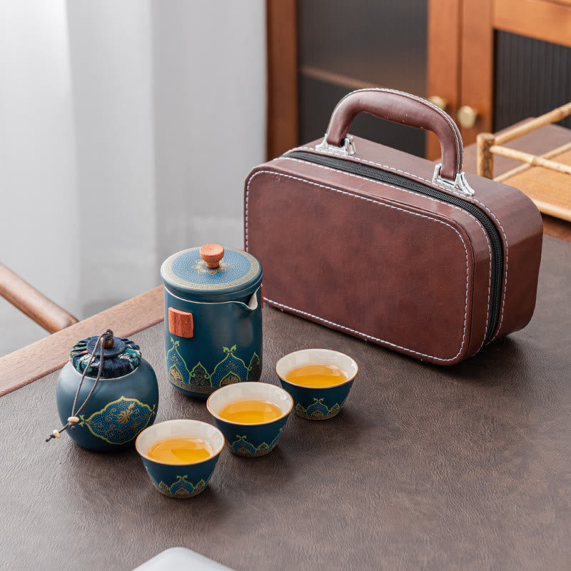 Tetera de cerámica de Gongfu chino con flores de Buddha Stones , bolsa portátil para juego de té de viaje al aire libre - image 0