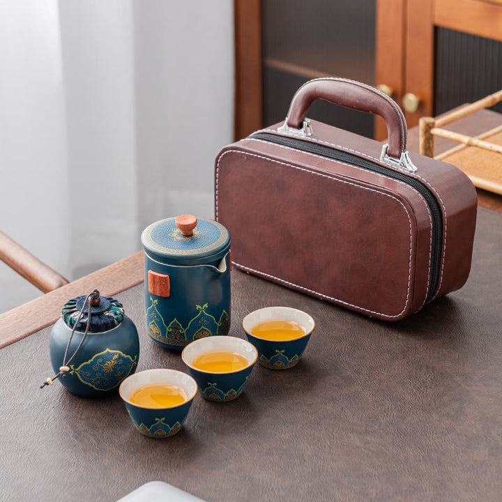Tetera de cerámica de Gongfu chino con flores de Buddha Stones , bolsa portátil para juego de té de viaje al aire libre - image 0