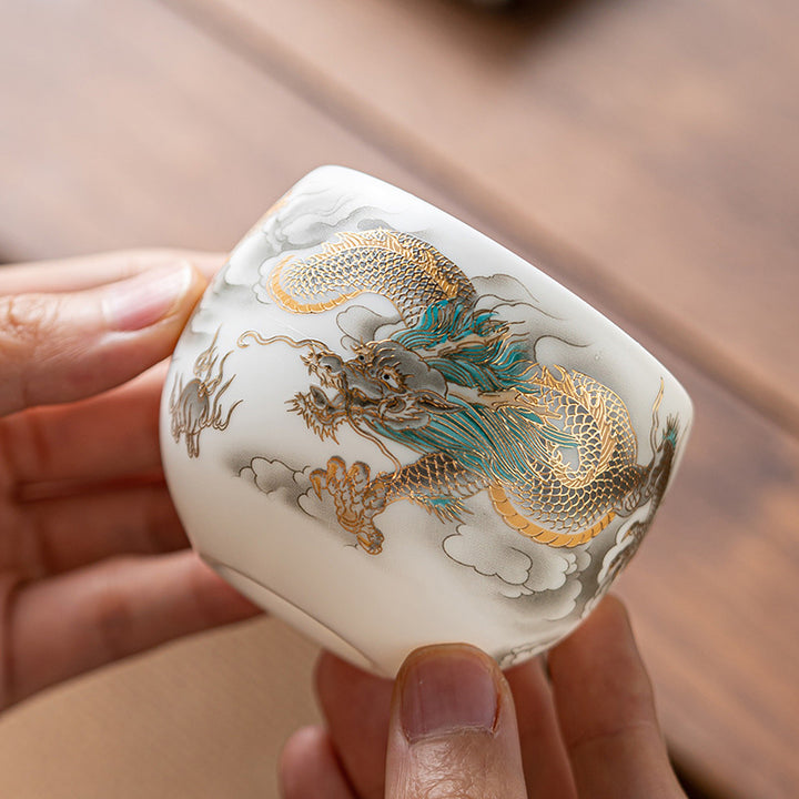 Taza de té de cerámica con caja de regalo, tazas de té de Kung Fu con Buddha Stones , dragón, Fénix, nubes propicias