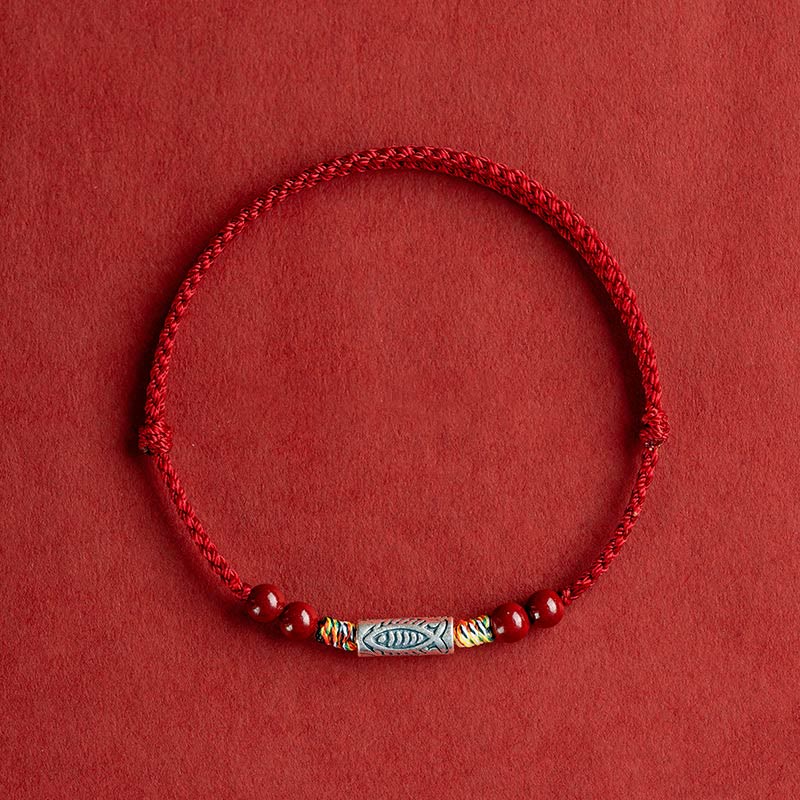 Pulsera tobillera trenzada hecha a mano con cuentas de cinabrio y pez Koi de plata de ley 925 con Buddha Stones