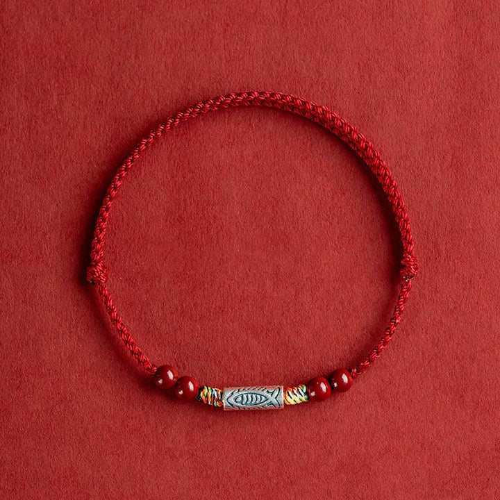 Pulsera tobillera trenzada hecha a mano con cuentas de cinabrio y pez Koi de plata de ley 925 con Buddha Stones