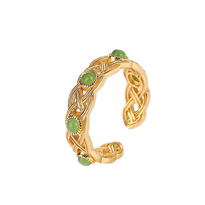 Anillo ajustable con diseño trenzado de jade cian y oro chapado en plata de ley 925 con Buddha Stones