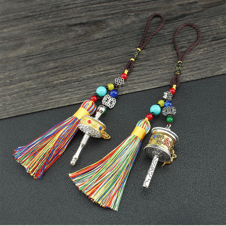 Tíbet Om Mani Padme Hum rueda de oración borla bolsa decoración colgante de coche