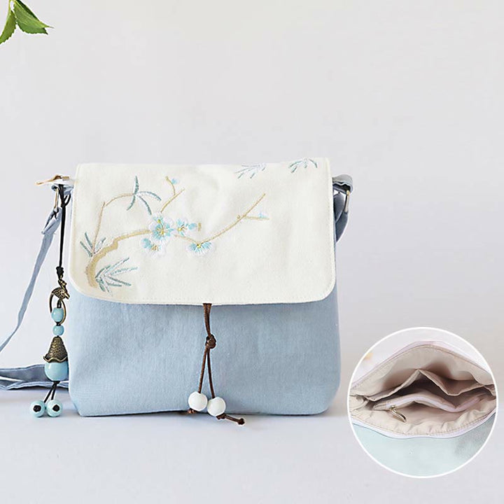 Bolso bandolera de lona con flores de ciruelo bordadas hechas a mano con Buddha Stones