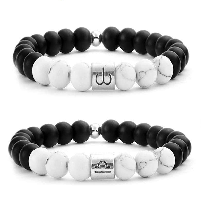 Buddha Stones 12 Constelaciones del Zodíaco Piedra Natural Esmerilada Pulsera de la Fortuna con Cuentas de Turquesa Blanca