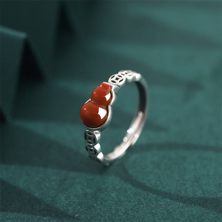 Anillo de autoaceptación de moneda de cobre con forma de calabaza de ágata roja de Plata de Ley 925 con Buddha Stones