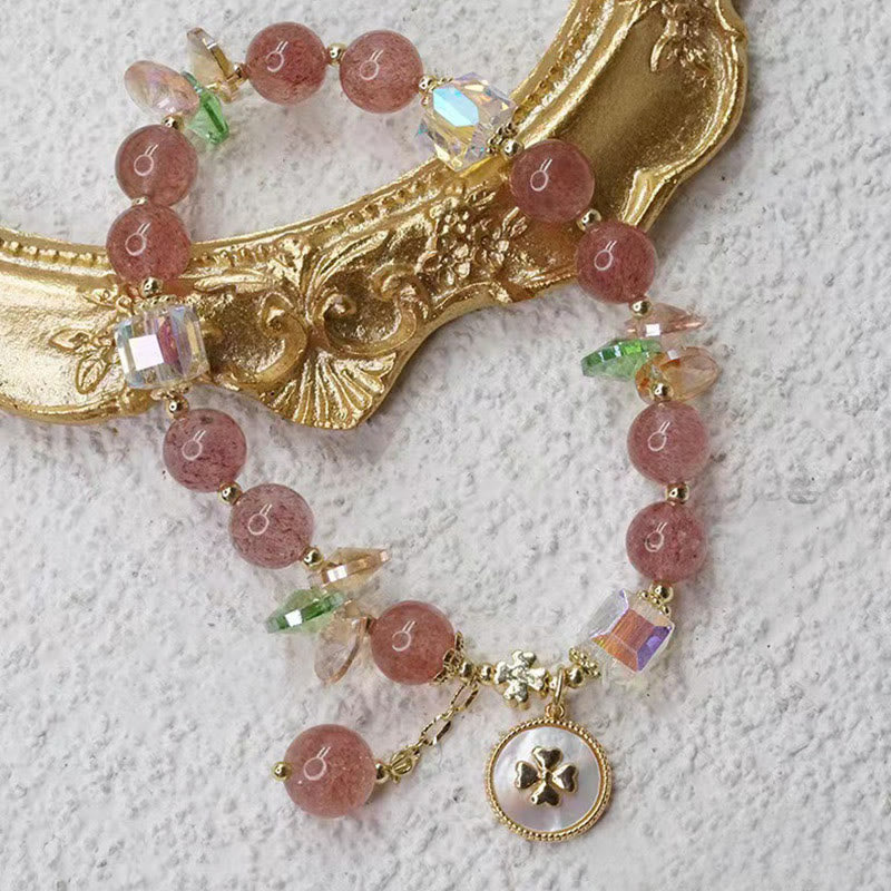 Pulsera con dijes curativos de trébol de cuatro hojas de la suerte, cuarzo fresa, Buddha Stones