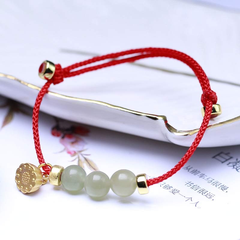 Pulsera de tejido de hilo rojo con Buddha Stones, Jade Natural, semilla de loto, fuerza