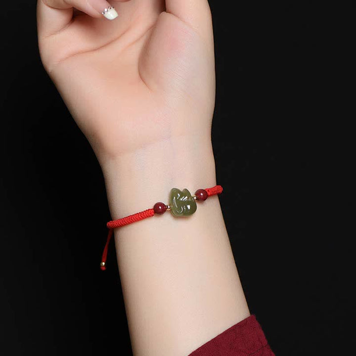 Año del Conejo Hetian Jade Bunny Cinabrio Con Cuentas Pulsera de Hilo de Abundancia