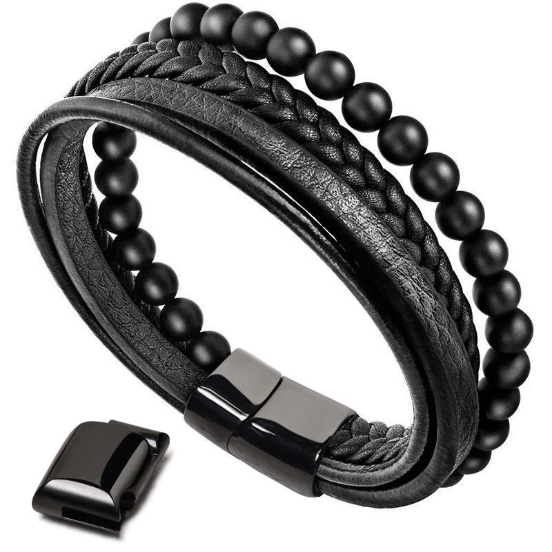 Pulsera de cuero con cuentas de ónix negro y roca de lava natural con Buddha Stones