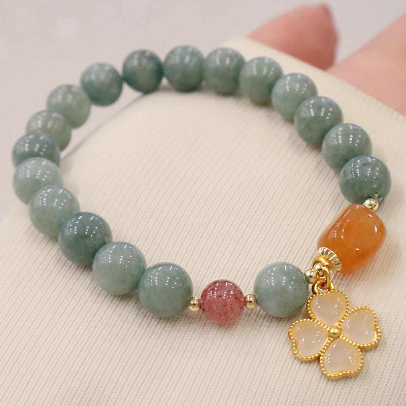 Pulsera de prosperidad con dije de trébol de cuatro hojas de jade con Buddha Stones