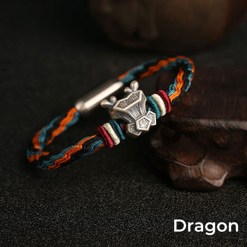 Pulsera de cuerda con nudo de reencarnación colorida, protección del zodiaco chino, Año del Dragón, plata de ley 999 hecha a mano con Buddha Stones