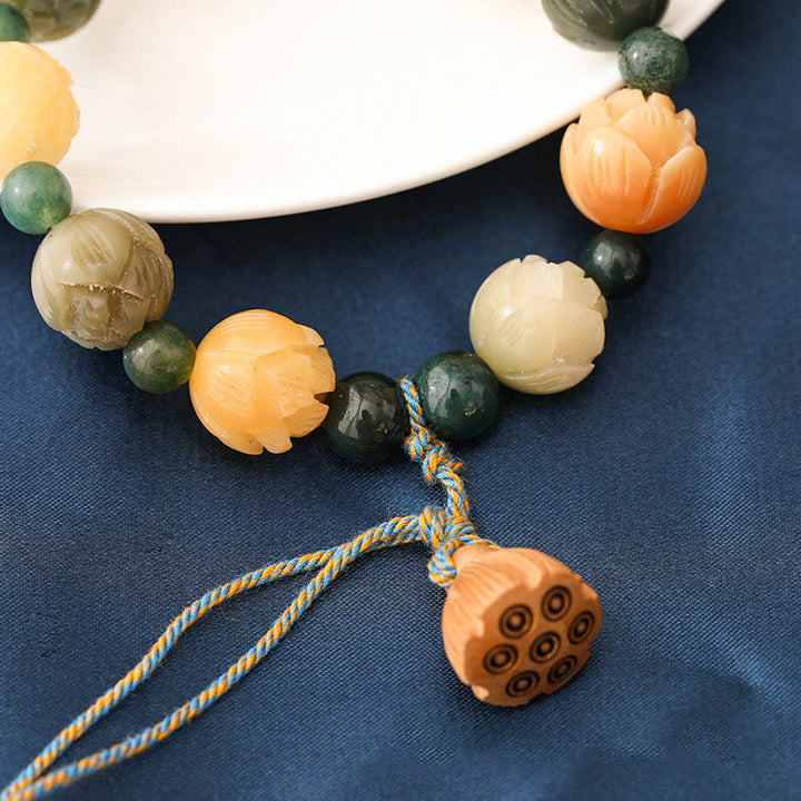 Pulsera de paz y calma con Buddha Stones , semilla de Bodhi, cuentas de loto grabadas, ágata de musgo