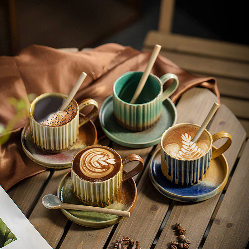 Taza de café de cerámica con cambio de horno a rayas Retro de Buddha Stones, taza de café y té de cerámica rugosa con platillo de 250ml