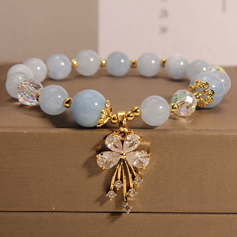 Pulsera con dije de mariposa y circonita curativa con cristal rosa aguamarina y Buddha Stones - Aguamarina (Paz♥Serenidad) - image 0