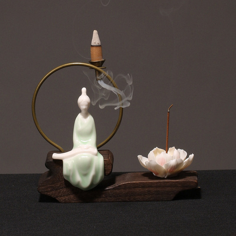 Quemador de incienso de meditación curativa de loto de cerámica con Buddha Stones , decoración