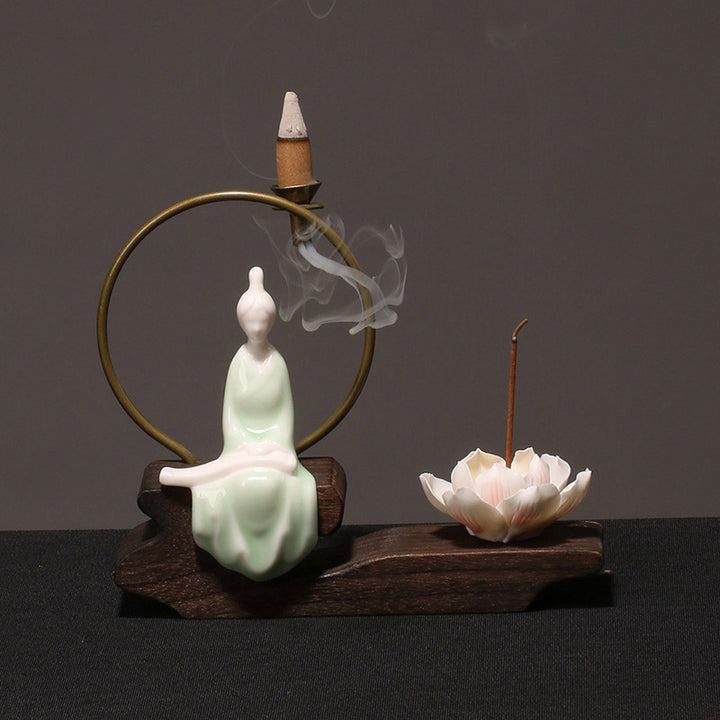 Quemador de incienso de meditación curativa de loto de cerámica con Buddha Stones , decoración