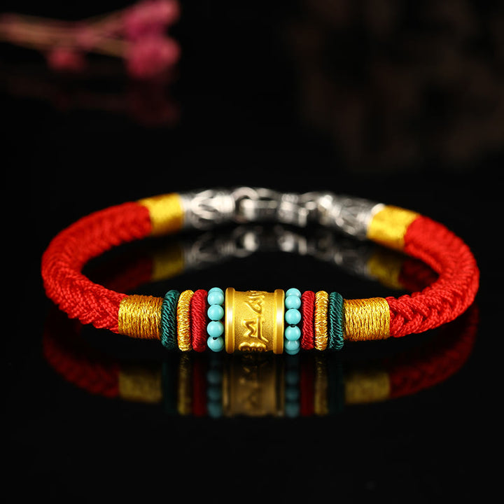 Buddha Stones Tíbet 999 oro Om Mani Padme Hum pulsera de la suerte hecha a mano con ocho hilos y nudo de la paz