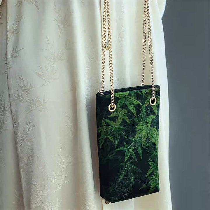 Bolso bandolera con cadena de metal caqui y hoja de arce pequeña con Buddha Stones , bolso de hombro, bolso para teléfono móvil