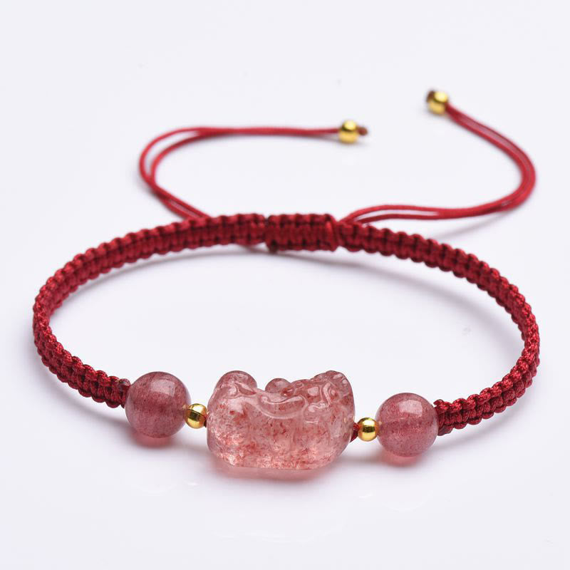 Pulsera de hilo rojo de la suerte PiXiu de cuarzo fresa Natural con Buddha Stones