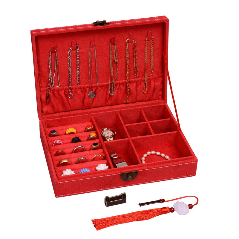 Caja organizadora de joyería de diseño Simple con Buddha Stones, caja de almacenamiento de joyería de franela de una sola capa con cerradura - Rojo 28 cm x 19 cm x 6,5 cm - image 25