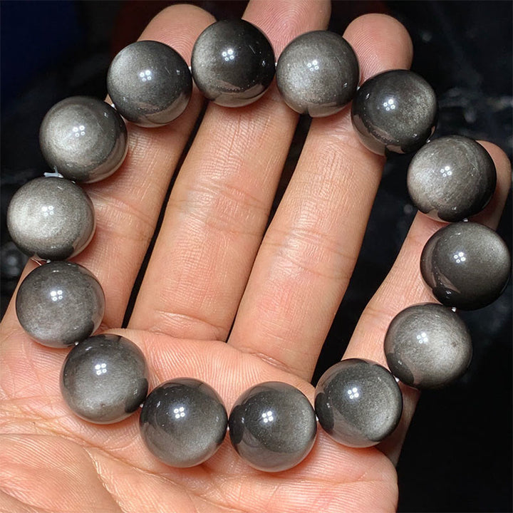Pulsera de protección calmante de obsidiana brillante de plata natural con Buddha Stones