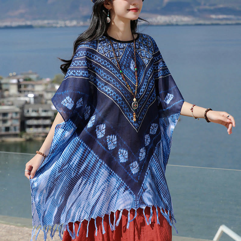 Jersey suave con chal Batik de rayas triangulares azules con Buddha Stones 90*95cm