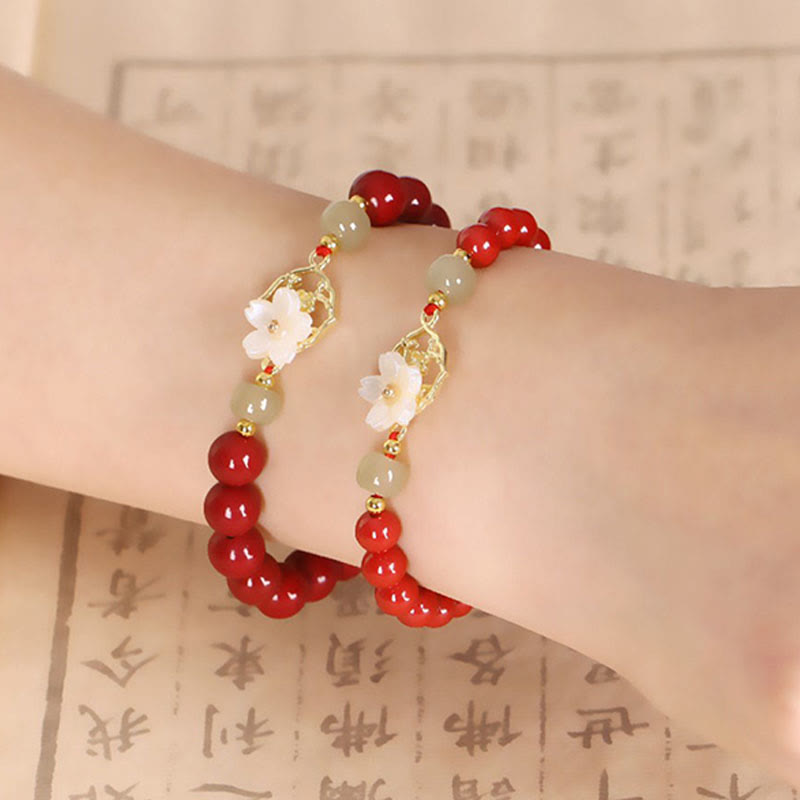 Pulsera de bendición de flores de piedra Tridacna con cuentas de jade cinabrio Natural de Buddha Stones