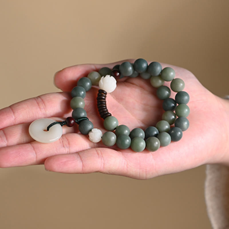 Pulsera de doble envoltura con hebilla de paz y jade de loto, semilla de Bodhi cian