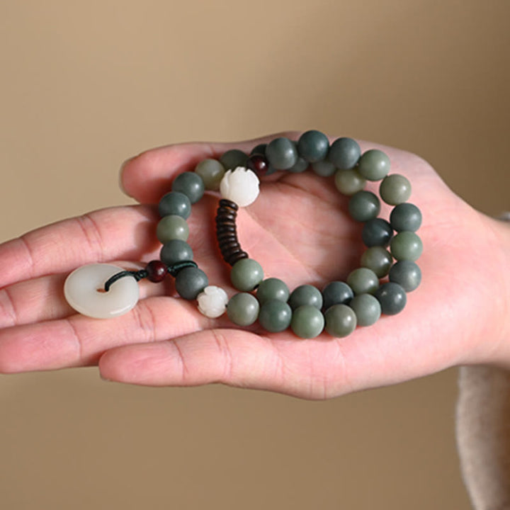 Pulsera de doble envoltura con hebilla de paz y jade de loto, semilla de Bodhi cian