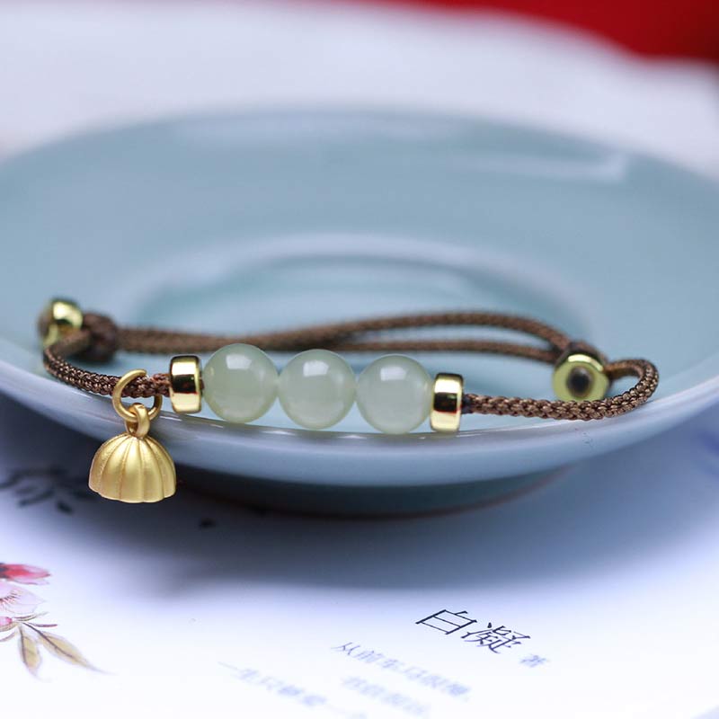 Pulsera de tejido de hilo rojo con Buddha Stones, Jade Natural, semilla de loto, fuerza