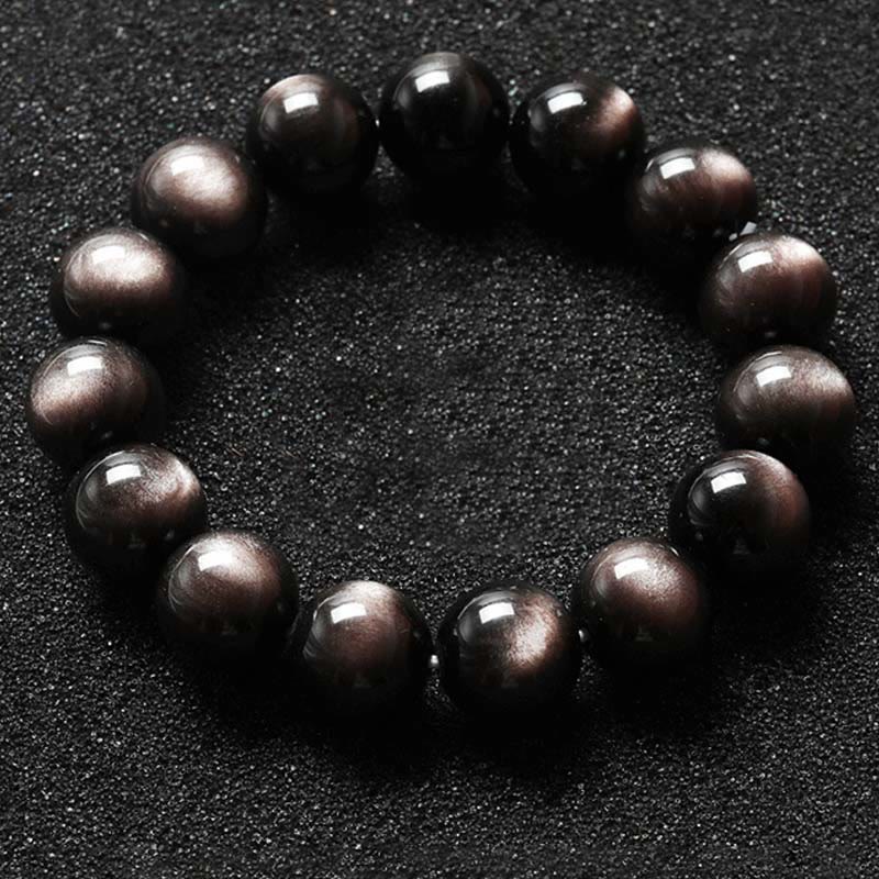 Pulsera de protección calmante de obsidiana brillante de plata natural con Buddha Stones