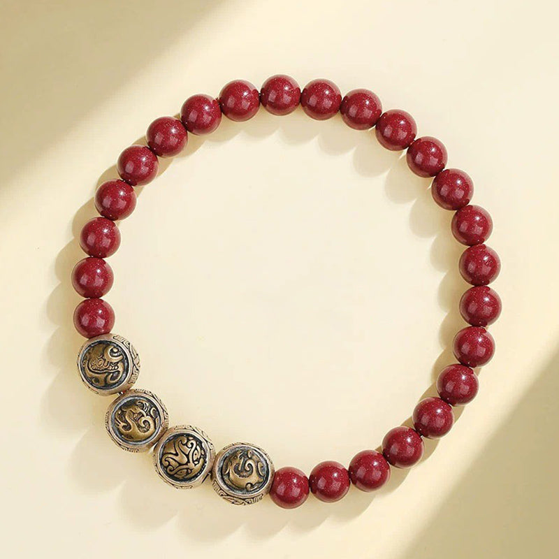 Pulsera de bendición de las cuatro bestias con cinabrio natural de plata de ley 925 con Buddha Stones
