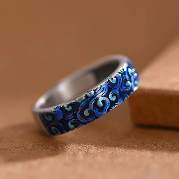 Anillo ajustable de cobre curativo con diseño de nubes auspiciosas azules con Buddha Stones